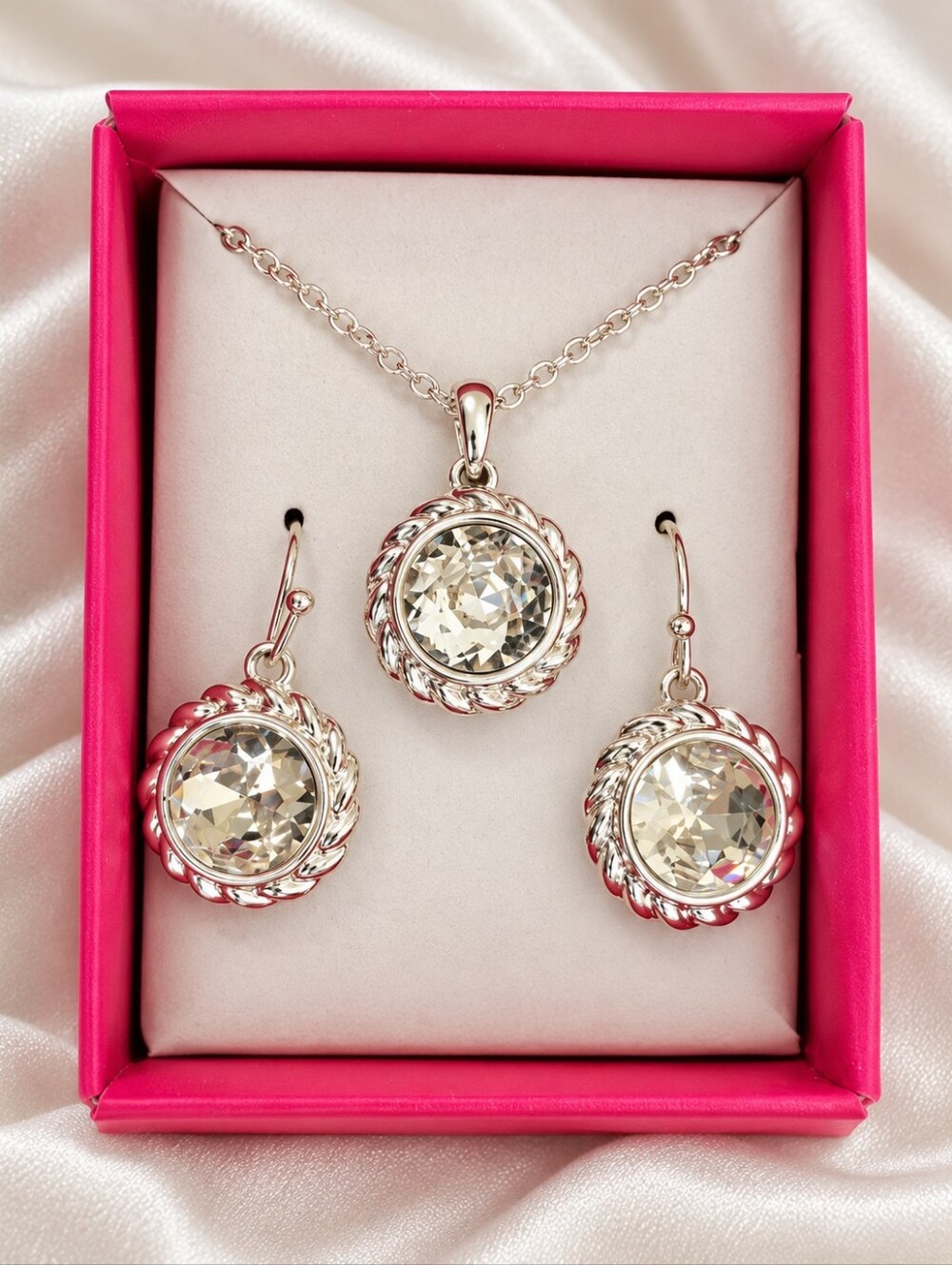 NIB Avon Studio 1886 April Birthstone Crystal Necklace Earrings Silver Tone